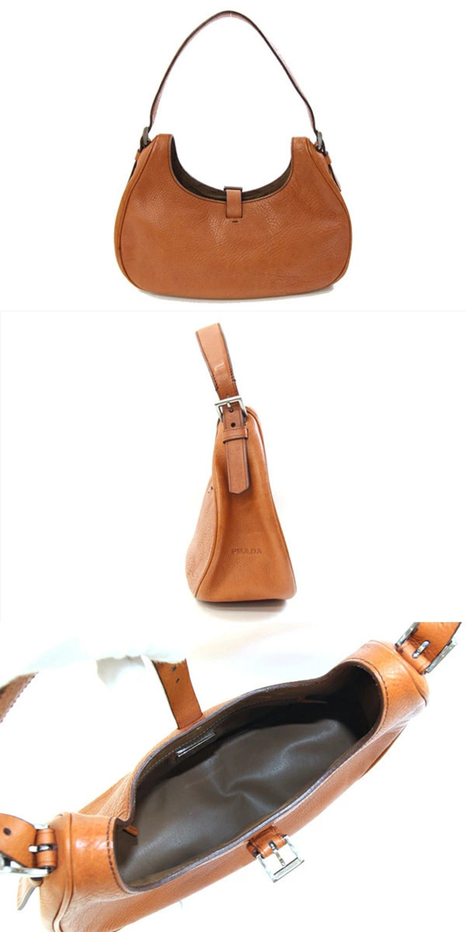 Prada Shoulder Brown Leather Handbag Hobo Bag Brown